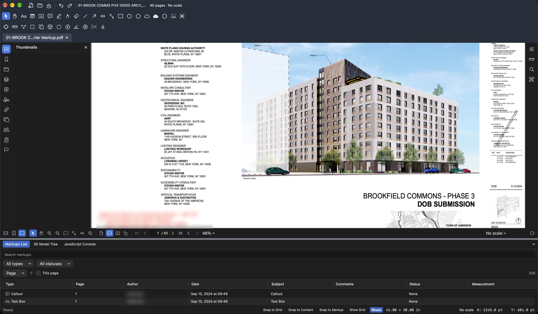 ConstructPDF on macOS: a construction drawing set open with the markup toolbar across the top, thumbnails on the left, and the Markups List docked below the drawing.